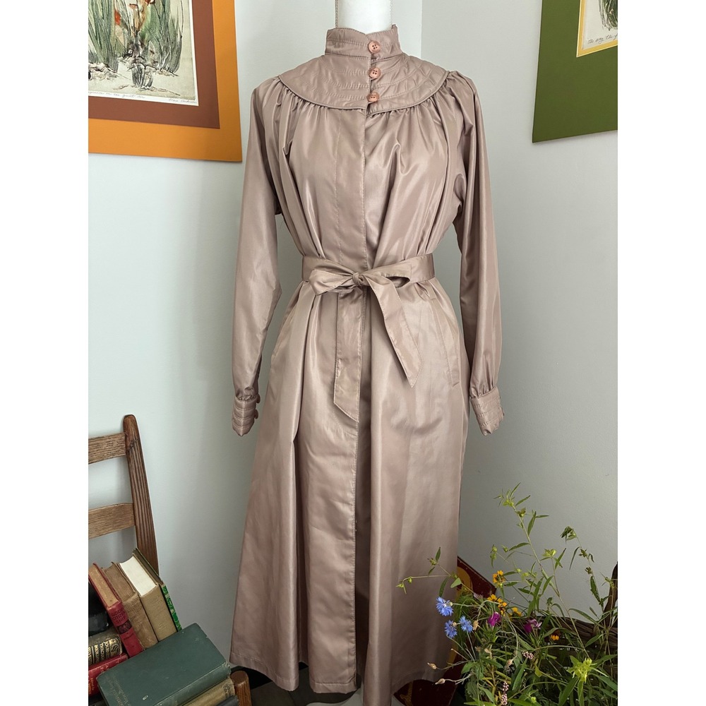 Vintage Foxland by Larson Taupe Belted Trench Coat Puff Sleeve Long Coat